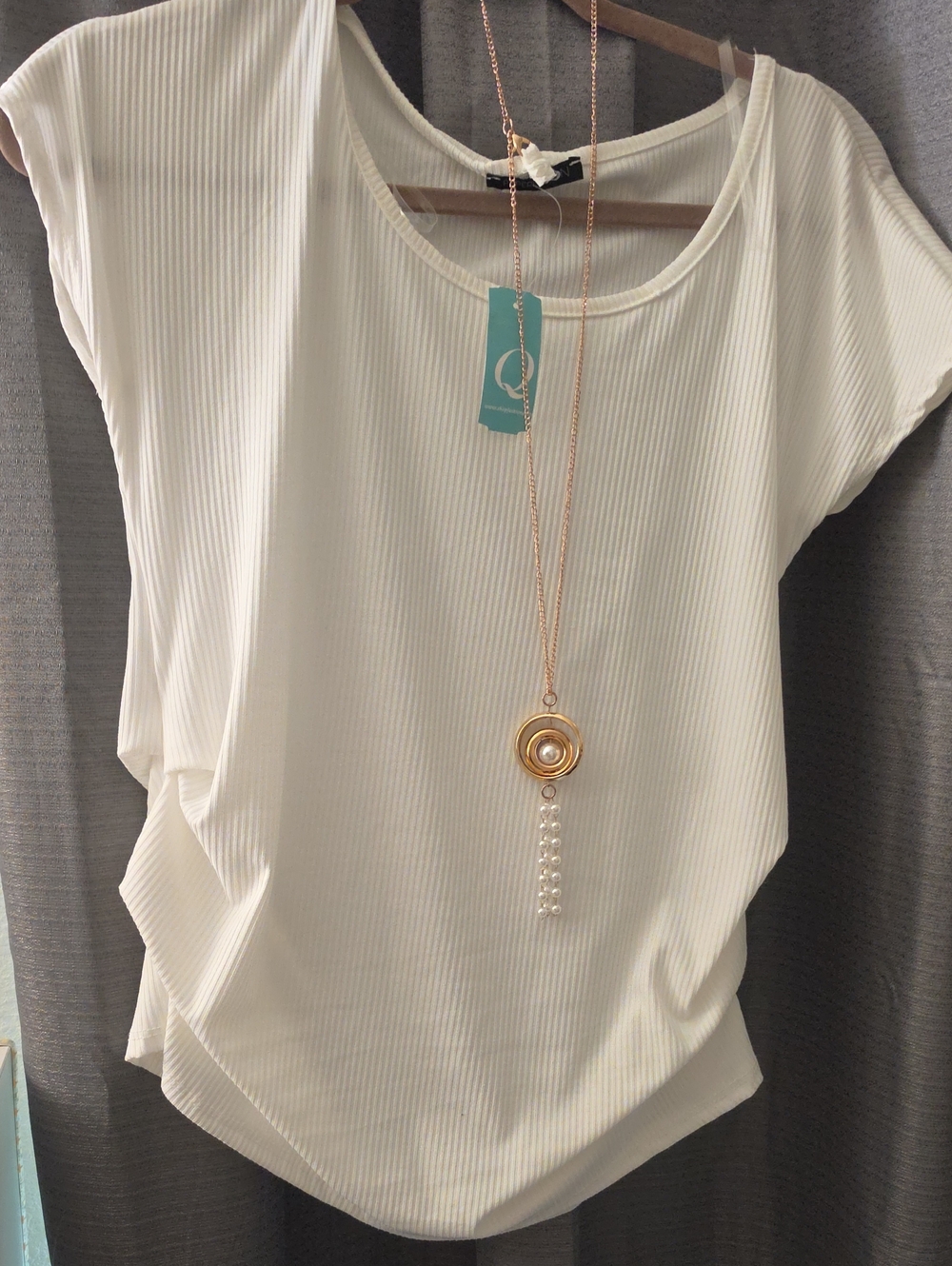 Papermoon Cream Ribbed Scoop Neck Short Sleeve Tee with Pendant